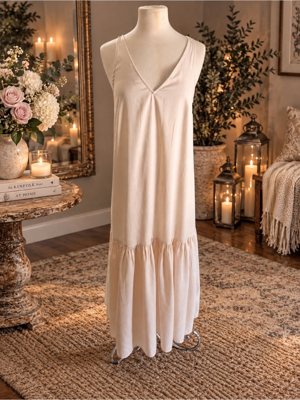 H&M Cream V-Neck Ruffle Maxi Dress – Size Medium